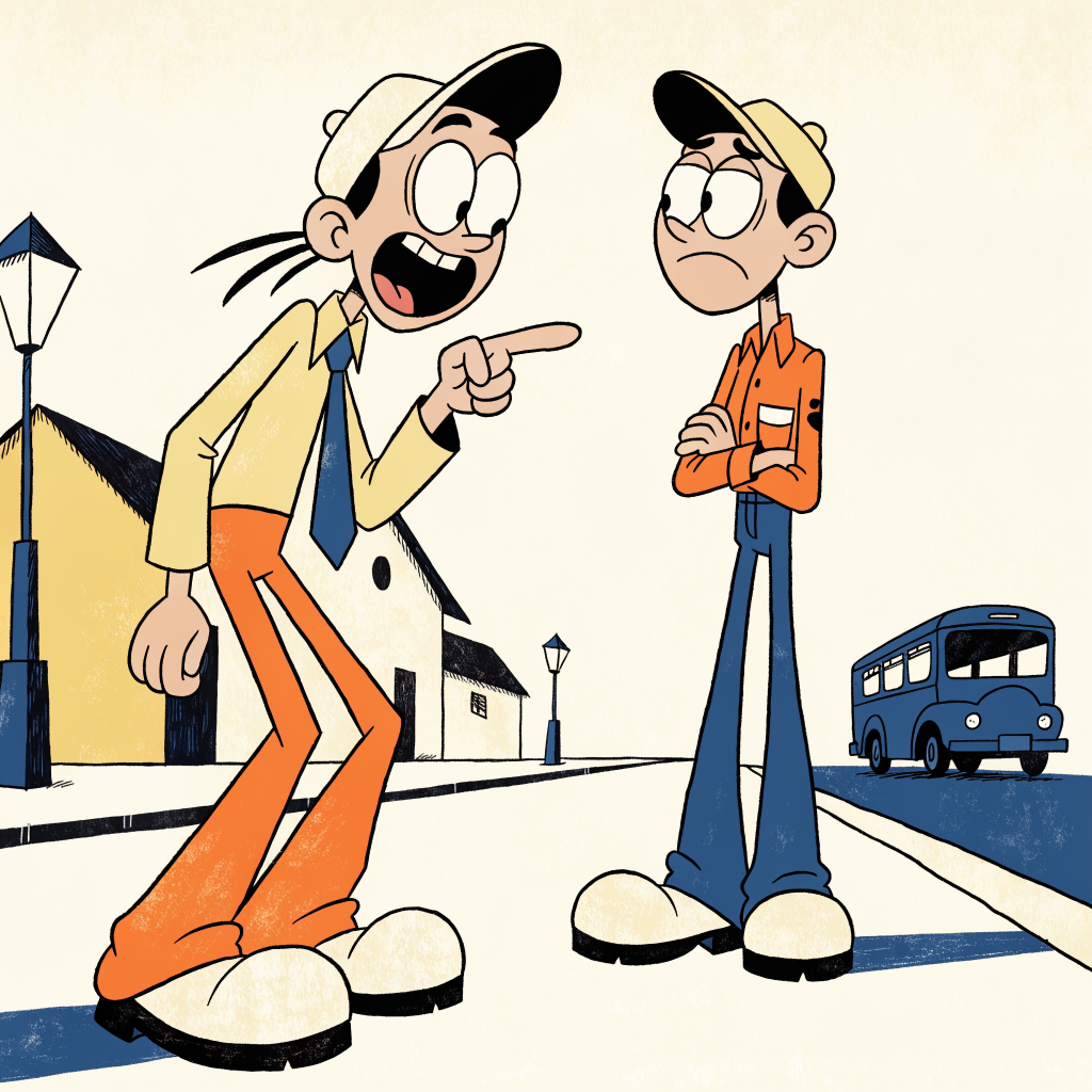 Cartoon of one person pointing at a distant bus while another stands with arms crossed, unimpressed