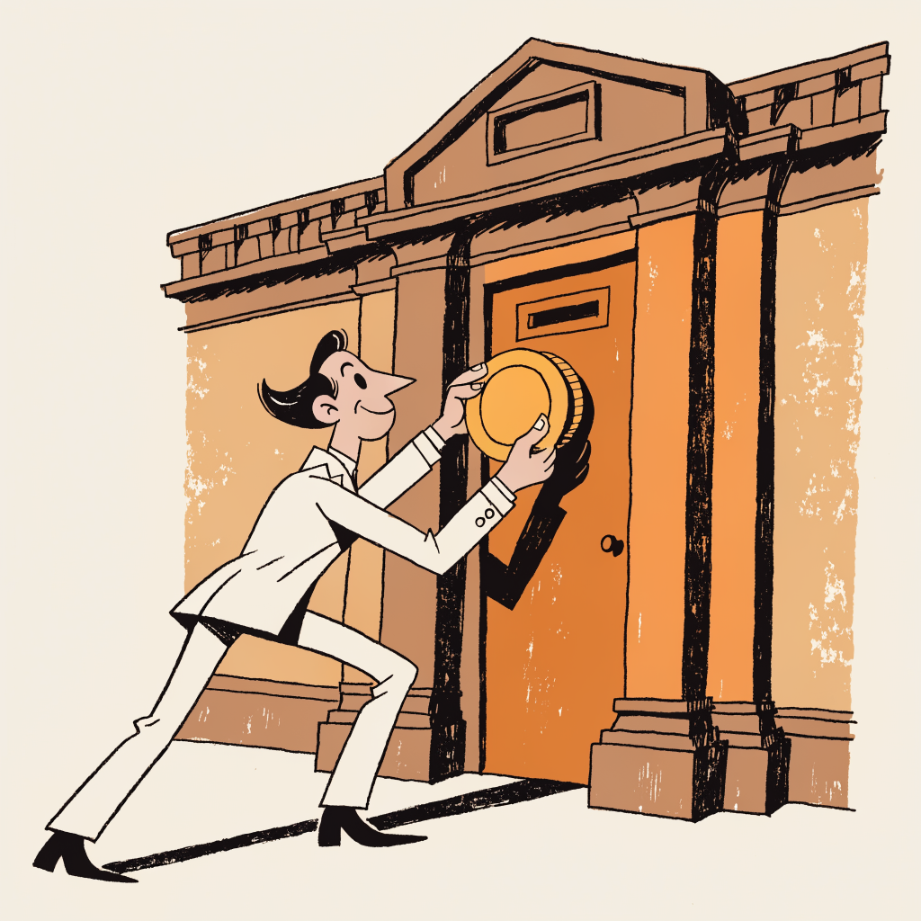 Cartoon of a person posting a large coin into a slot on a capitol building's door