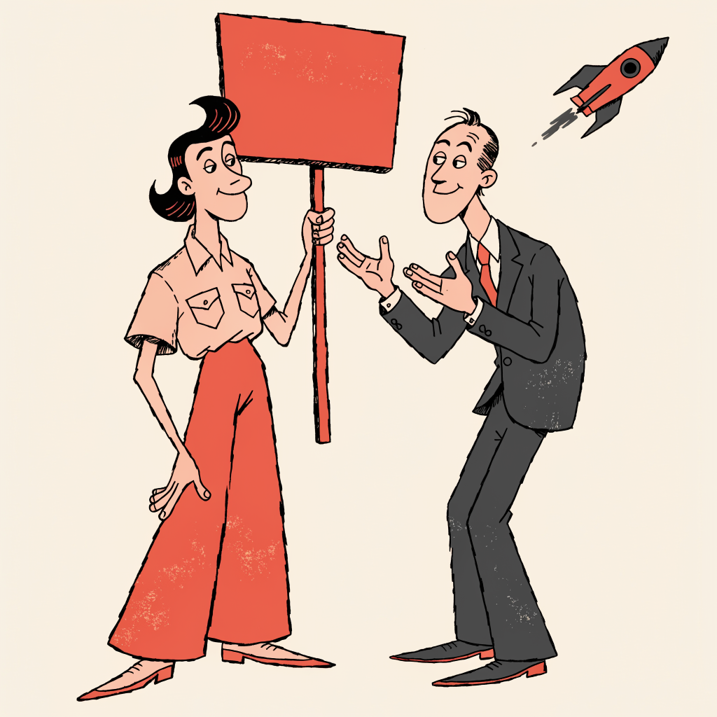 Cartoon of a person holding a picket sign while another gestures dismissively, a rocket in the sky behind