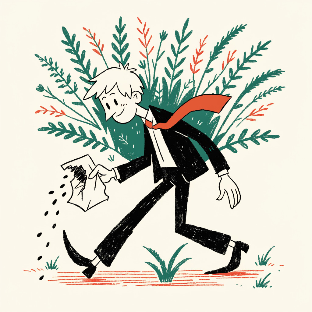 Cartoon of a person in a suit scattering seeds, tall tangled plants sprouting behind them