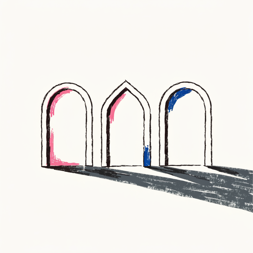 Hand-drawn cartoon of three arched doorways side by side with one long shadow across them