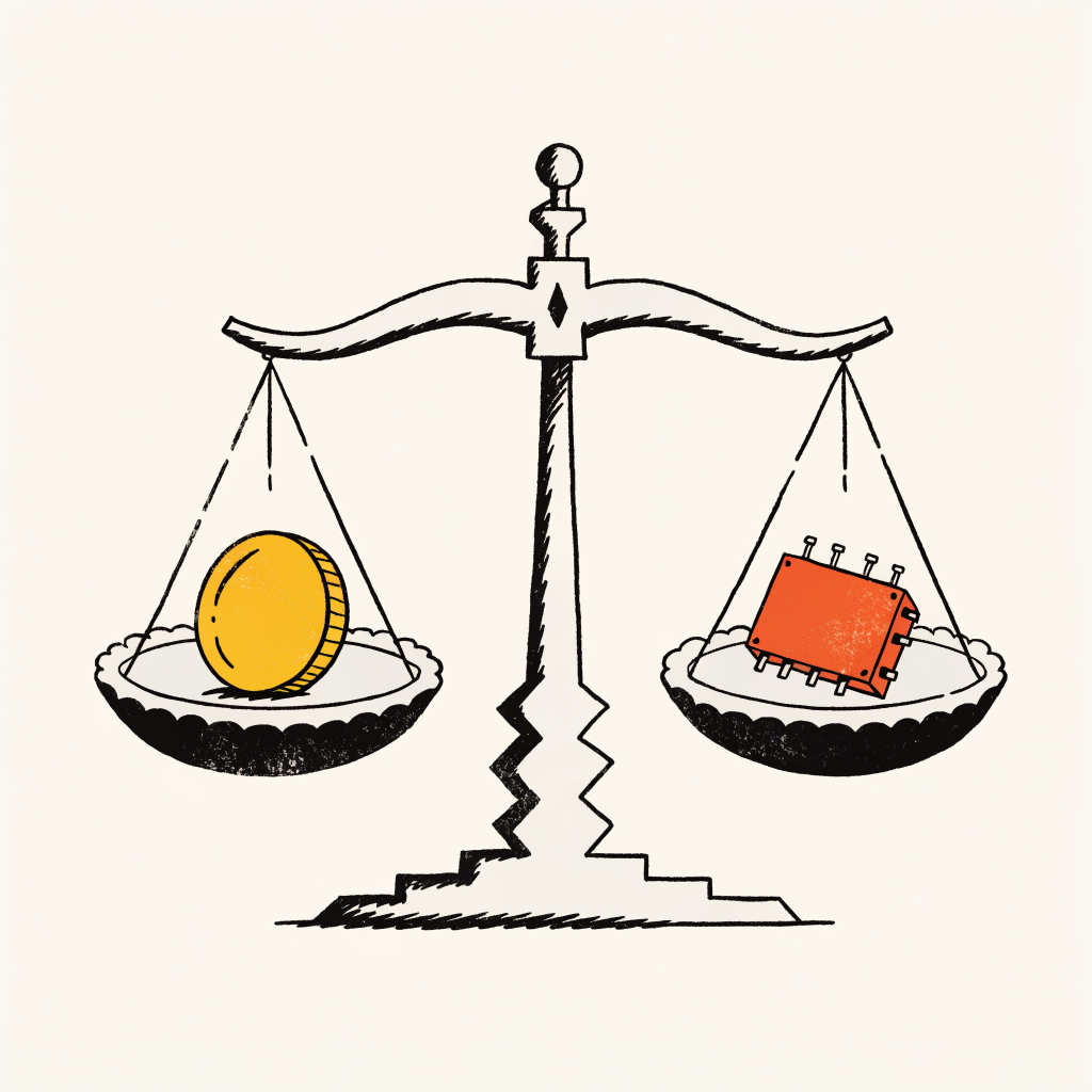 Cartoon of a perfectly level balance scale holding a coin and a computer chip