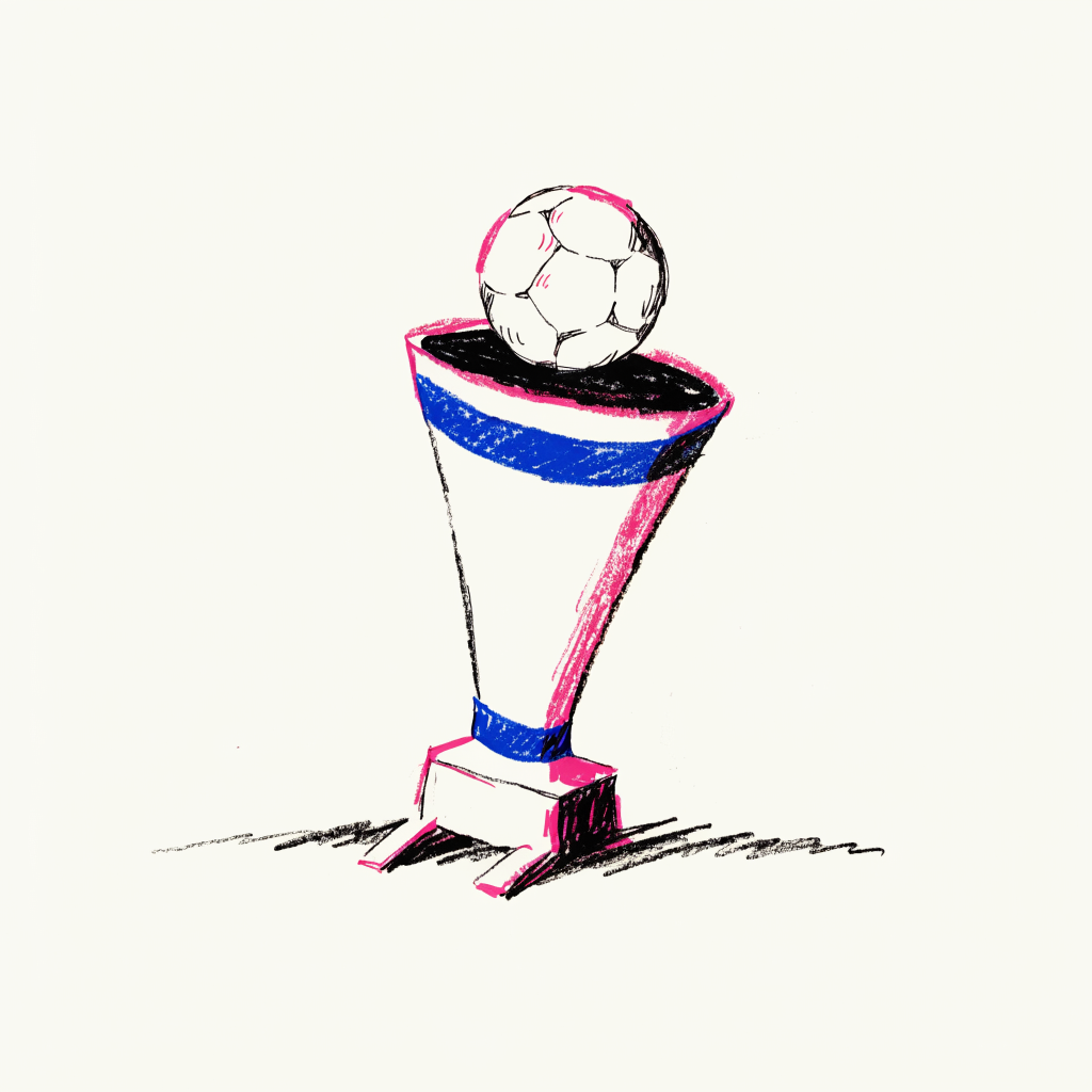 Hand-drawn cartoon of a soccer ball balanced on top of a tall cone plinth